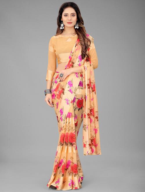orange floral print saree with blouse - 20135719 - Very Small Image - 1