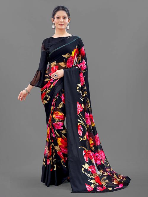 black floral print saree with blouse - 20135723 - Very Small Image - 1