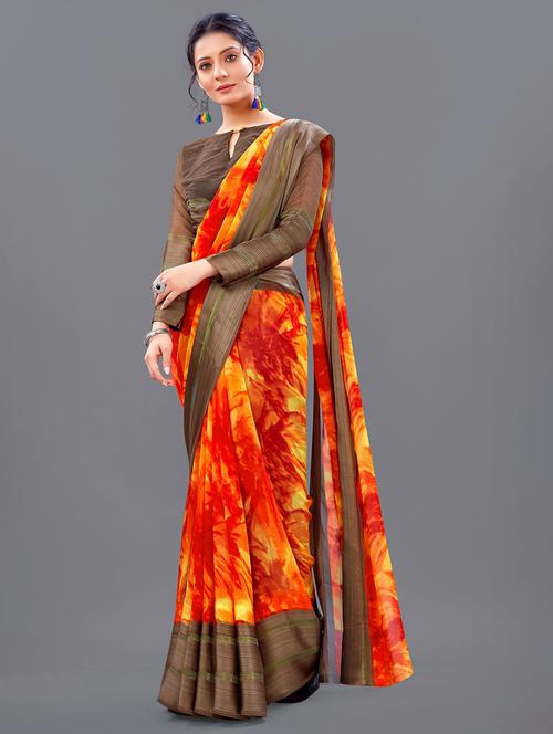 orange printed saree with blouse - 20135729 - Very Small Image - 1