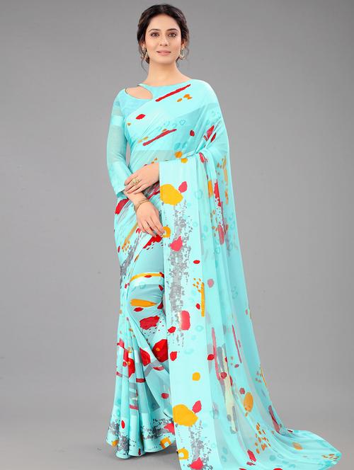 light blue printed saree with blouse - 20135776 - Very Small Image - 1