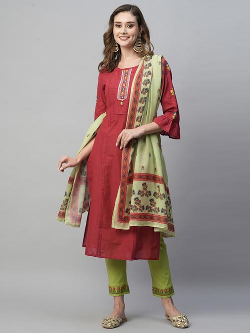 red kurta pant set with dupatta - 20136851 - Very Small Image - 1