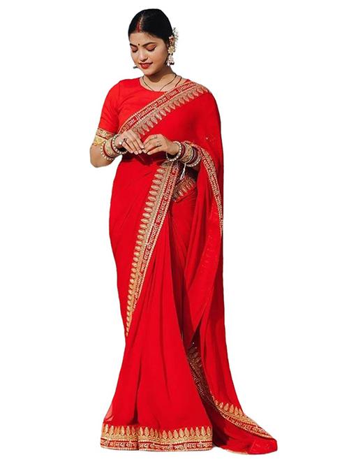 red solid with border woven saree with blouse - 20136900 - Very Small Image - 1