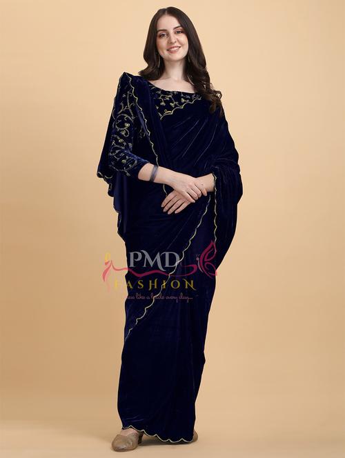women's solid with work blue colored saree with blouse - 20136907 - Very Small Image - 1