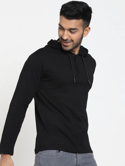 black solid cotton hooded t-shirt - 20148113 - Very Small Image - 1