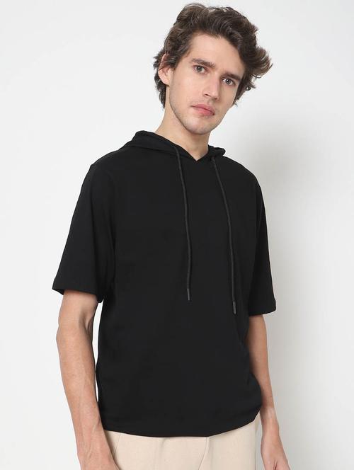 black solid cotton hooded t-shirt - 20148121 - Very Small Image - 1