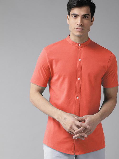 orange solid mandarin neck regular fit t-shirt - 20149965 - Very Small Image - 1