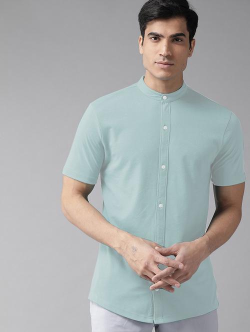light blue solid mandarin neck regular fit t-shirt - 20149967 - Very Small Image - 1