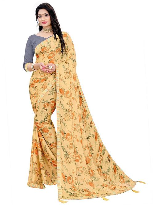 women's floral beige colored saree with blouse - 20150380 - Very Small Image - 1
