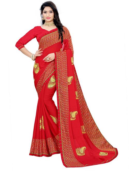 women's printed red colored saree with blouse - 20150389 - Very Small Image - 1
