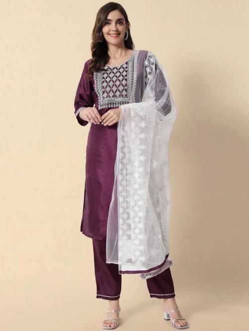 embroidered kurta pant set with dupatta - 20150494 - Very Small Image - 1