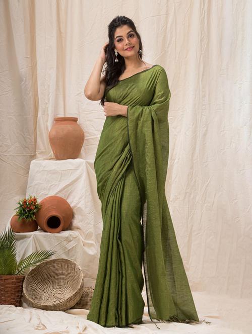 olive handloom saree with blouse - 20150650 - Very Small Image - 1