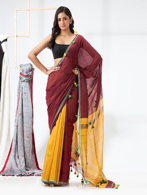 women's color block maroon colored saree with blouse - 20150717 - Very Small Image - 1