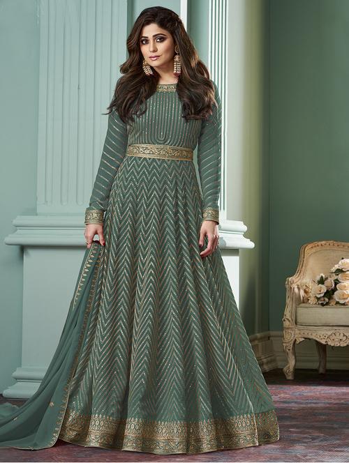 embroidered semi-stitched anarkali suit set - 20152544 - Very Small Image - 1