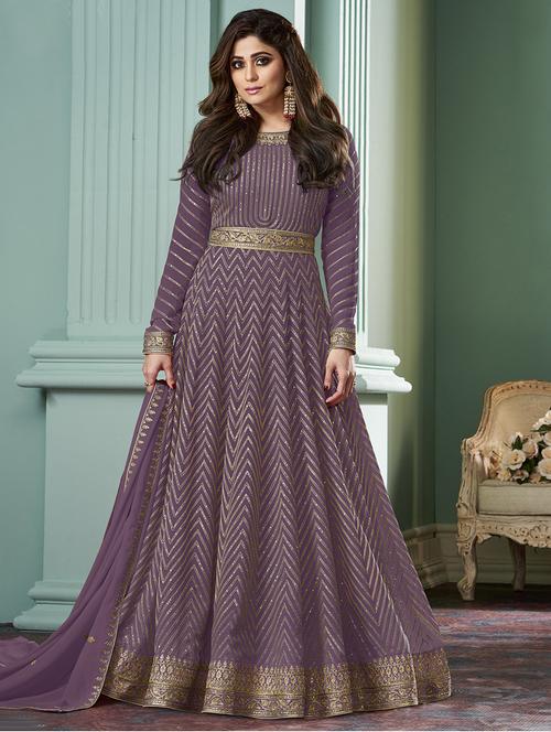 embroidered semi-stitched anarkali suit set - 20152545 - Very Small Image - 1
