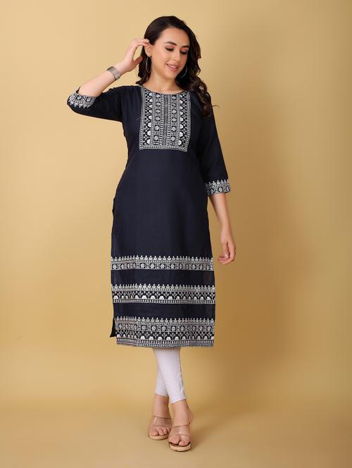round neck embroidered straight kurta - 20152917 - Very Small Image - 1