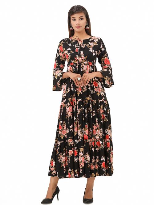 tie up neck printed flared kurta - 20155012 - Very Small Image - 1
