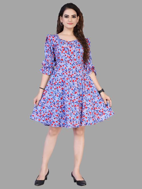 blue floral print puff sleeves fit & flare dress - 20155151 - Very Small Image - 1