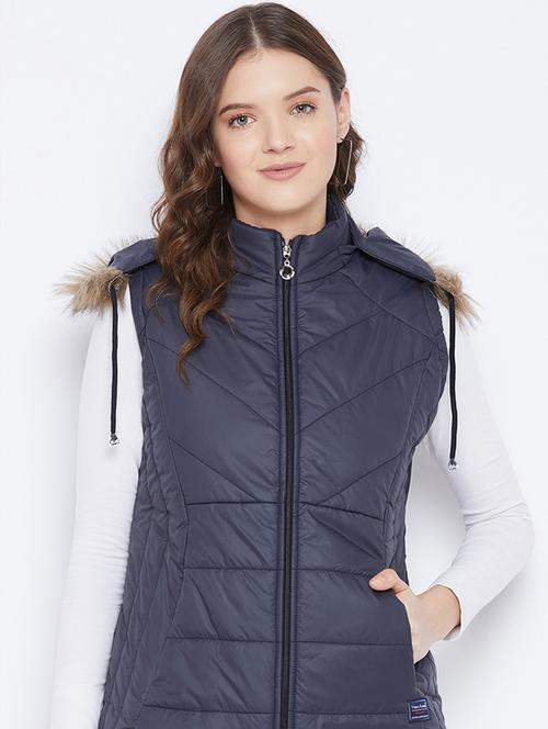 women fur hood solid quilted jacket - 20155560 - Very Small Image - 1