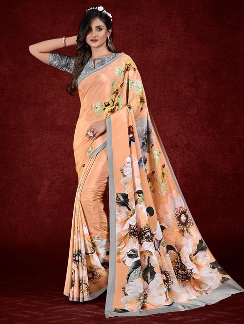 orange printed crepe saree with blouse - 20156380 - Very Small Image - 1