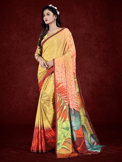 yellow printed crepe saree with blouse - 20156385 - Very Small Image - 1