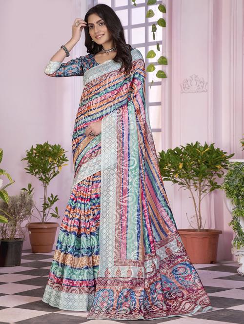 blue paisley printed brasso saree with blouse - 20156393 - Very Small Image - 1
