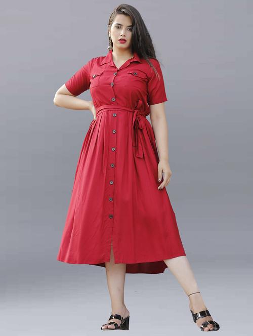 red solid button up a-line waist tie up dress - 20156638 - Very Small Image - 1