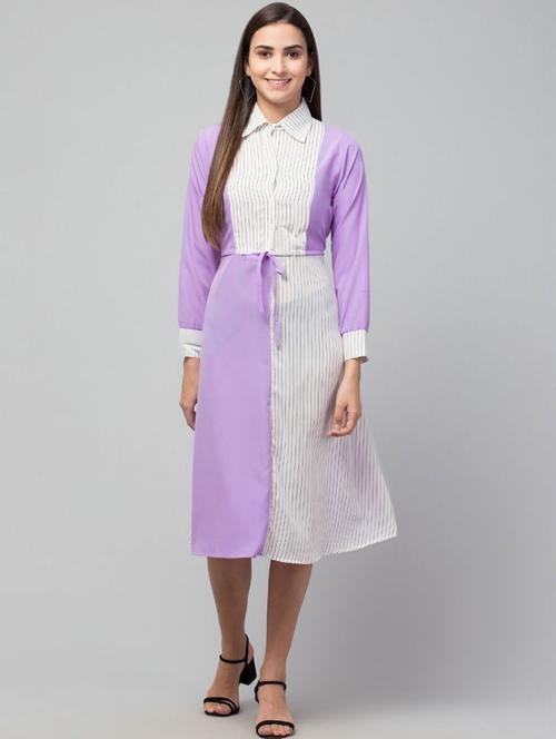 purple color blocked shirt collar a-line dress - 20156659 - Very Small Image - 1
