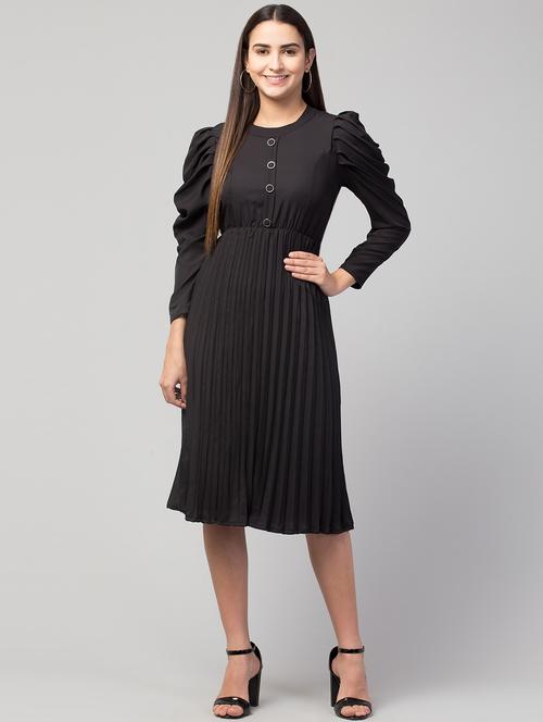black solid puff sleeves a-line back tie up dress - 20156668 - Very Small Image - 1