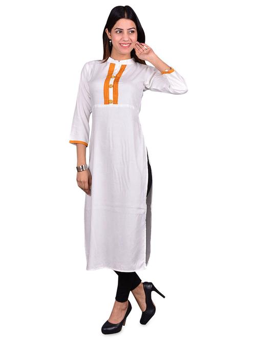 mandarin neck self design straight kurti - 20156743 - Very Small Image - 1
