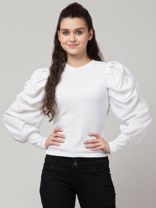 white solid puff sleeves round neck regular top - 20156770 - Very Small Image - 1