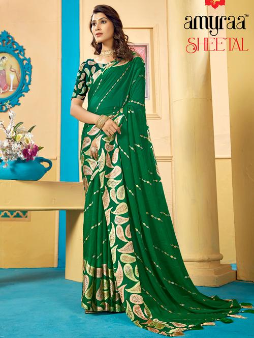 women's leaf print dark green colored saree with blouse - 20158181 - Very Small Image - 1