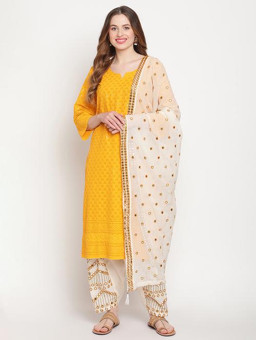 yellow notch neck embroidered kurta salwar set - 20158270 - Very Small Image - 1