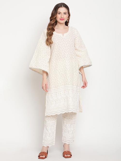 cream bell sleeves embroidered kurta pant set - 20158303 - Very Small Image - 1