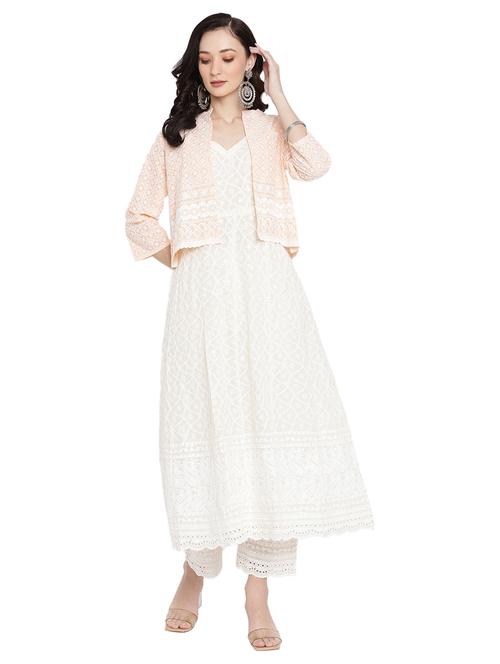 white v neck embroidered kurta pant with jacket set - 20158307 - Very Small Image - 1