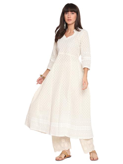 cream mandarin neck embroidered a-line kurta pant set - 20158349 - Very Small Image - 1