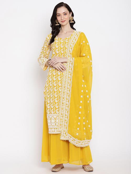 yellow embroidered notch neck suit set - 20158397 - Very Small Image - 1