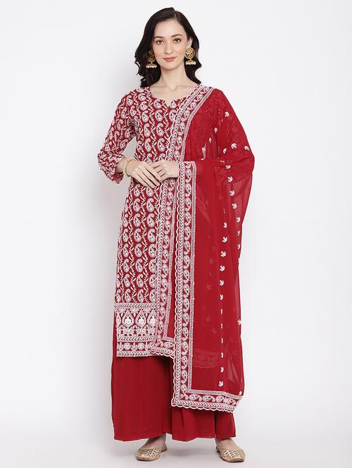 red embroidered notch neck suit set - 20158403 - Very Small Image - 1