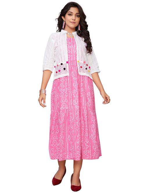 bandhani printed a-line ethnic dress with jacket - 20159157 - Very Small Image - 1