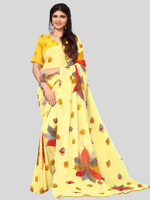 yellow georgette printed saree with blouse - 20159795 - Very Small Image - 1