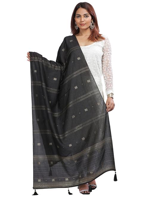 black plain woven dupatta - 20161311 - Very Small Image - 1