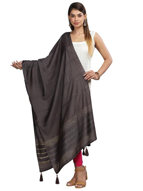 black plain woven dupatta - 20161321 - Very Small Image - 1