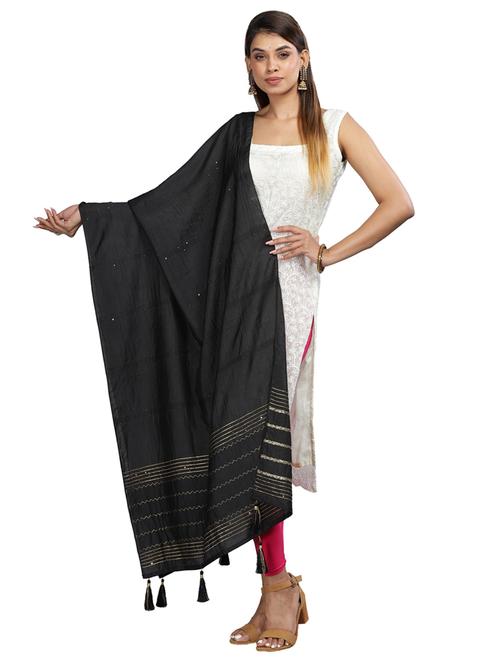 black plain woven dupatta - 20161323 - Very Small Image - 1