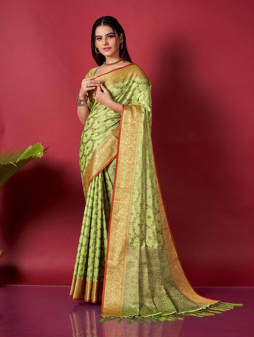 light green silk blend banarasi saree with blouse - 20161448 - Very Small Image - 1