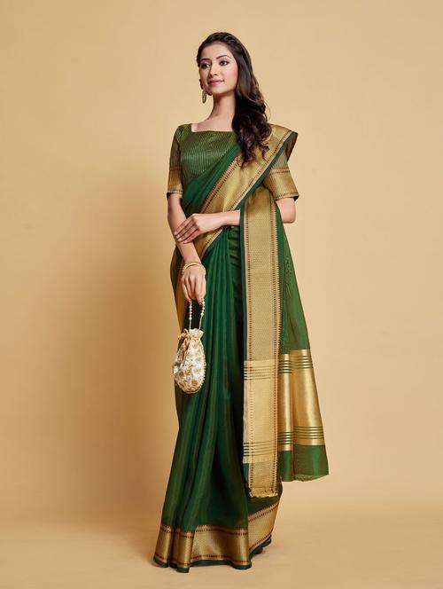 dark green organza kanjivaram saree with blouse - 20161457 - Very Small Image - 1