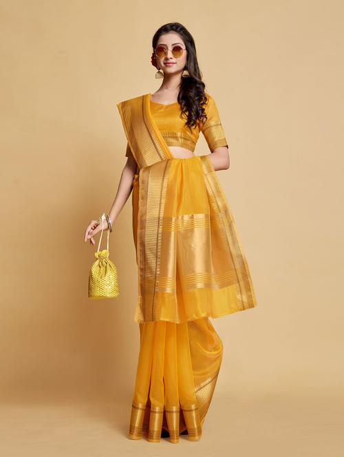 yellow organza kanjivaram saree with blouse - 20161458 - Very Small Image - 1