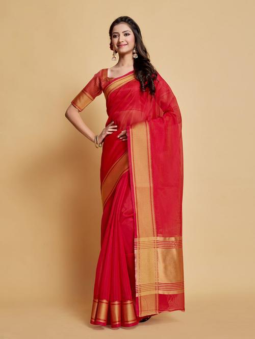 red organza kanjivaram saree with blouse - 20161470 - Very Small Image - 1