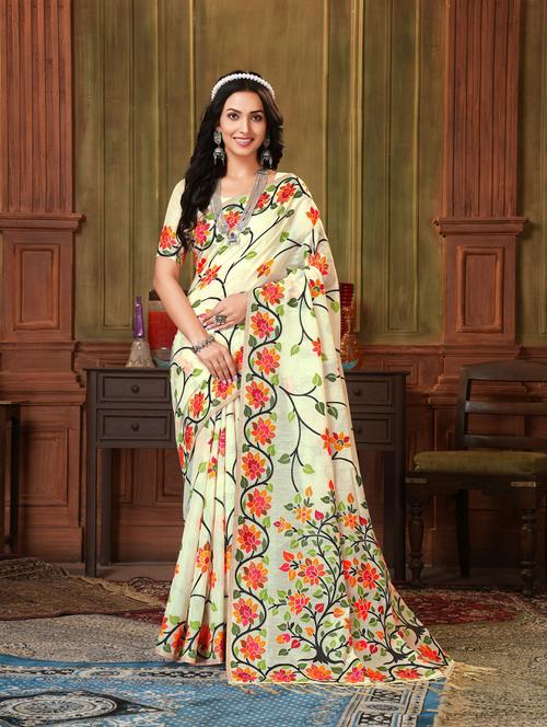 white silk blend saree with blouse - 20161481 - Very Small Image - 1