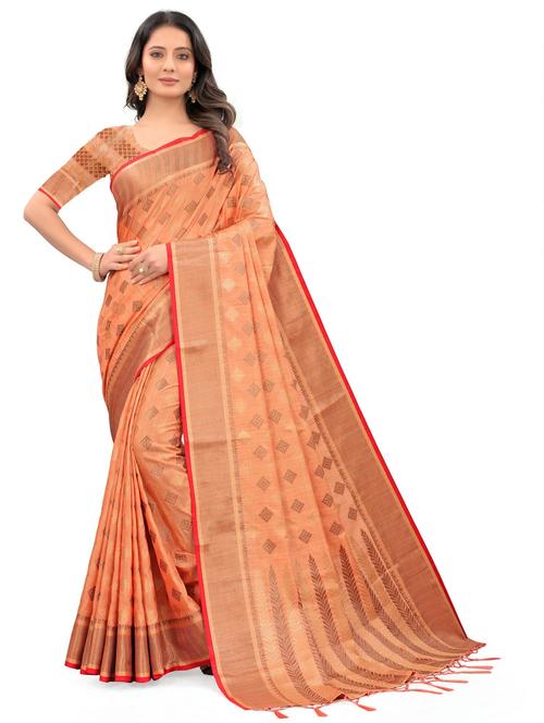 orange cotton blend ikkat saree - 20161497 - Very Small Image - 1