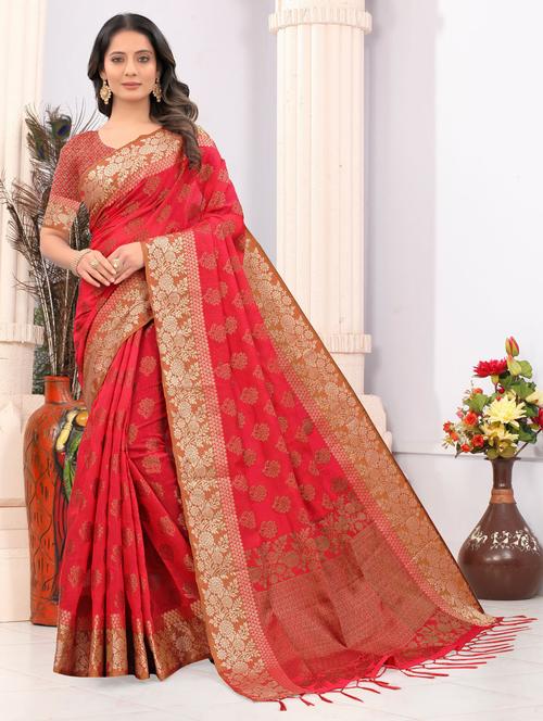 red cotton blend chanderi saree - 20161501 - Very Small Image - 1