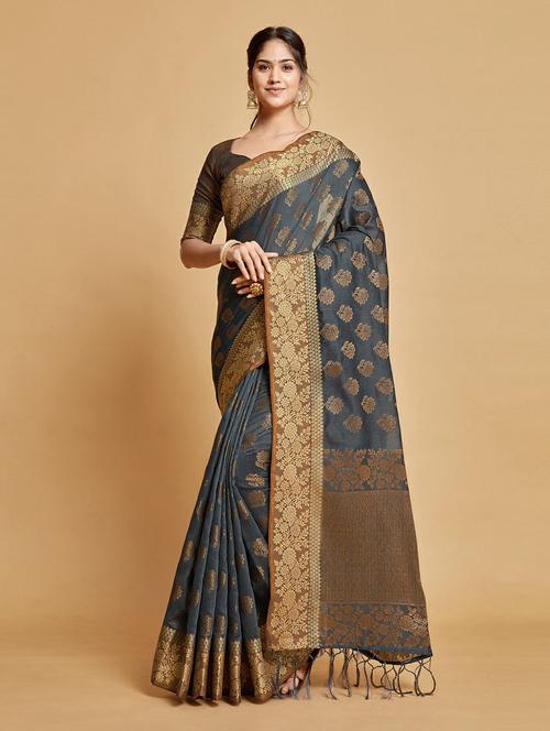 grey cotton blend saree - 20161507 - Very Small Image - 1